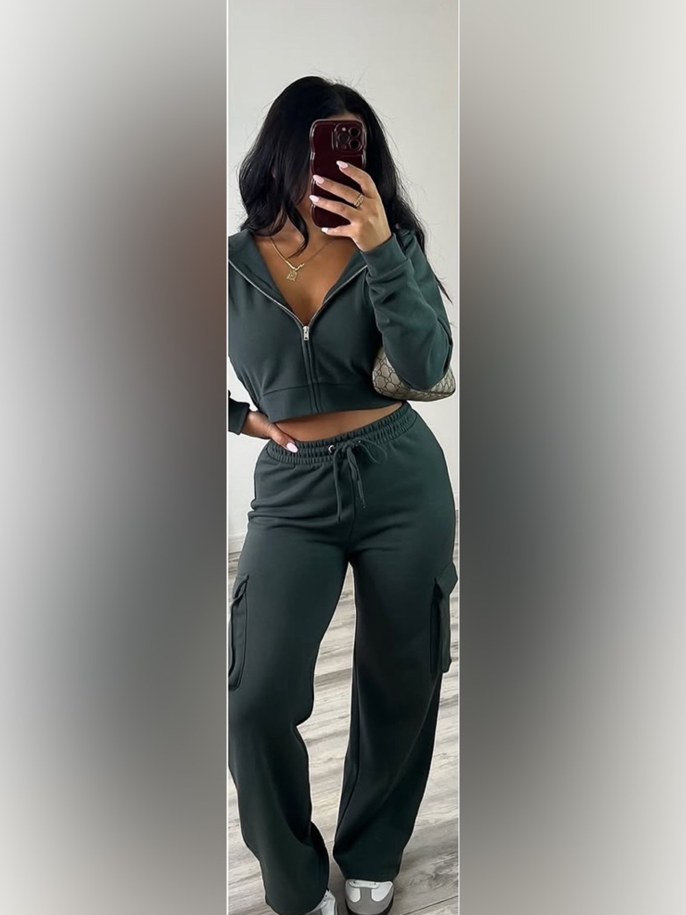 Reflex Dark Green Cropped Zip Hoodie & Cargo Joggers Set